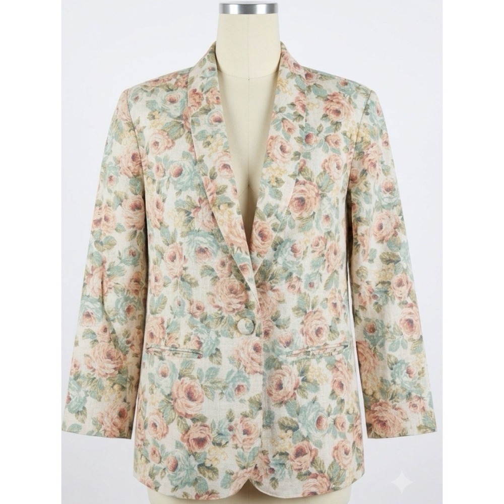 Vintage 90s Floral Blazer Jacket Cottagecore Grandmacore Linen Blend Academia M